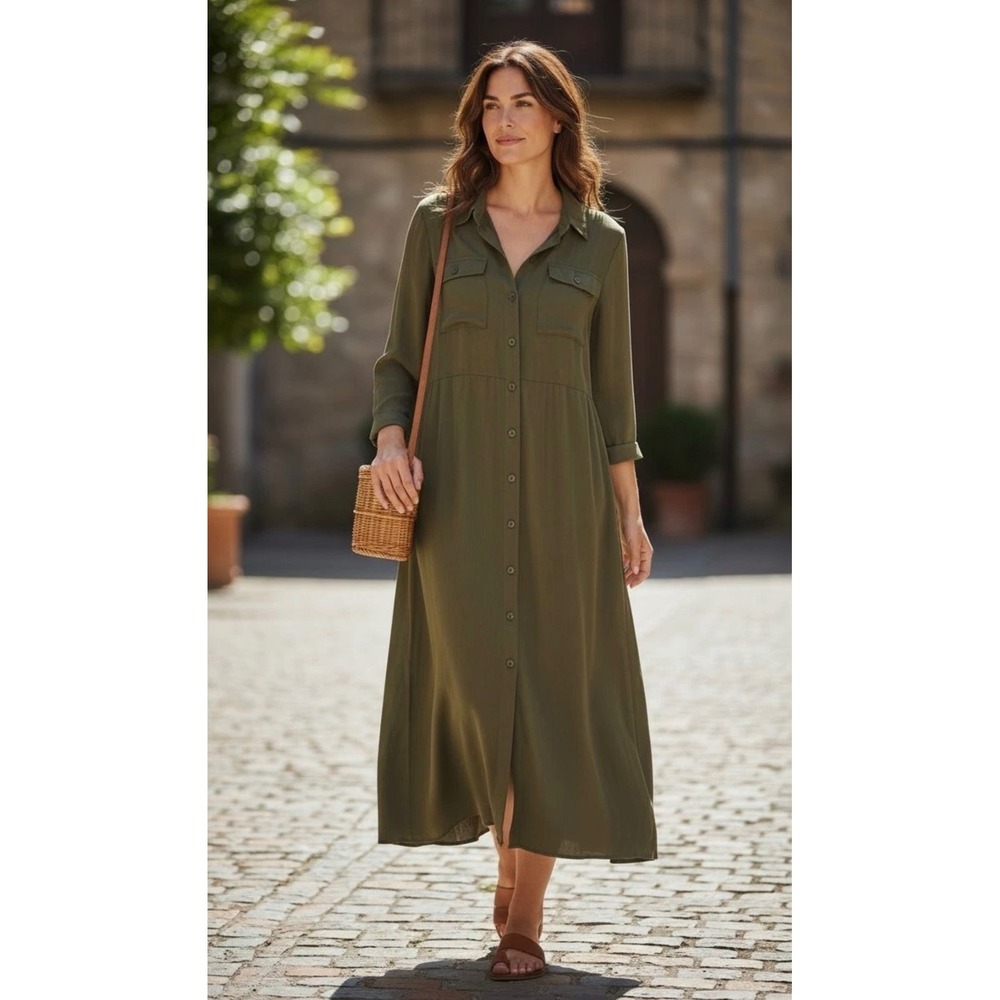 NEW Spartina 449 Peyton Shirt Dress Olive Cupro Maxi Womens Size M Earthy Luxe